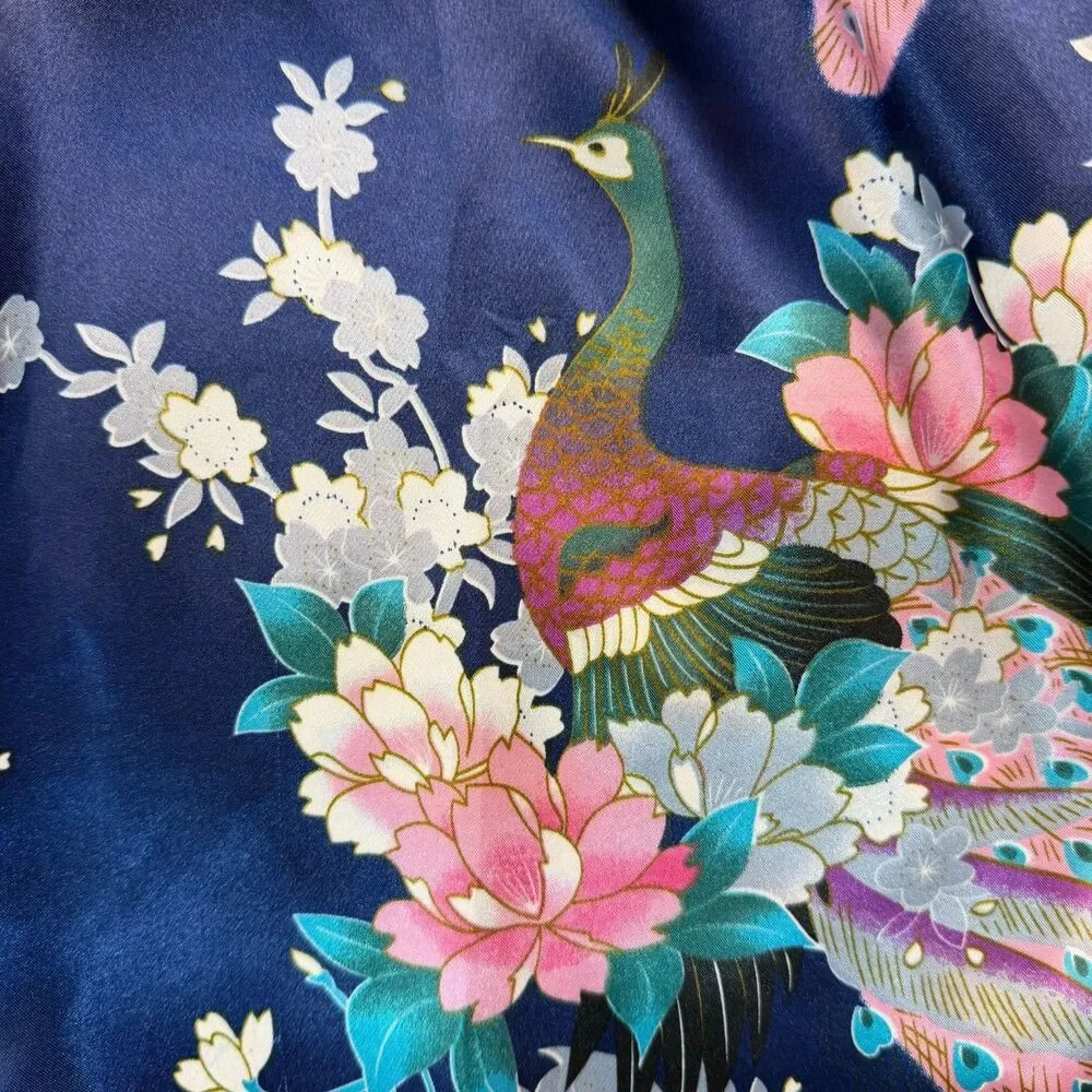 Sam Well Womens M Satin Kimono Robe Navy Peacock Floral Belted Asian Inspired